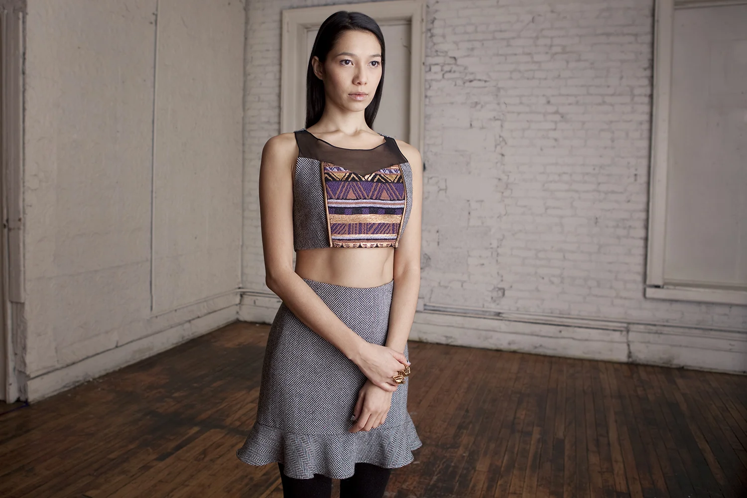 Himalaya Gold Crop Top, Herringbone Mini Pencil Skirt