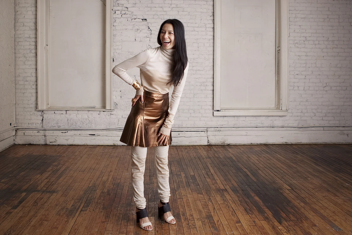 Leather Flare Skirt, Gold Churidar Turtleneck and Leggings