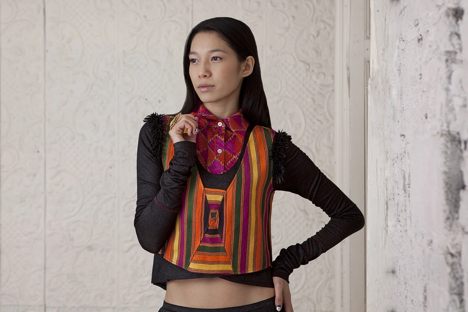 Beaded Wrap Top, Stripe Vest, Phulkari Dickie