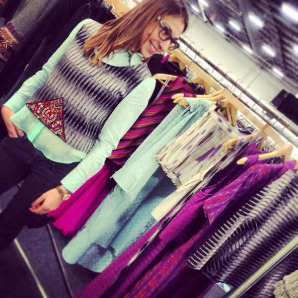Kathrin in Spring 2013 Ikat Crop Top and Mint Triangle-Back Blouse
