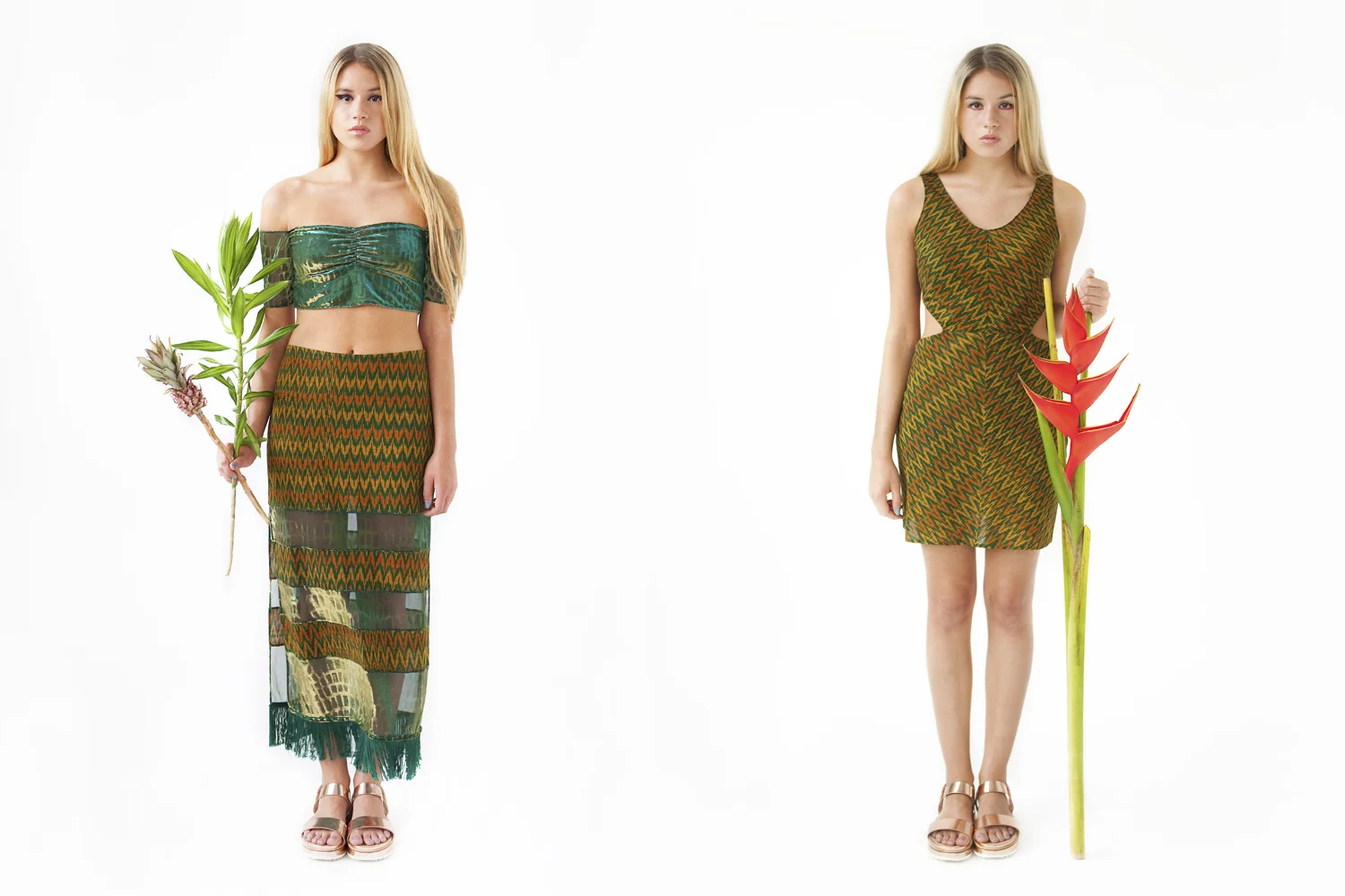 Metallic Mesh Bralette and Optical Animal Skirt with Fringe Chevron Ikat Mini-Dress