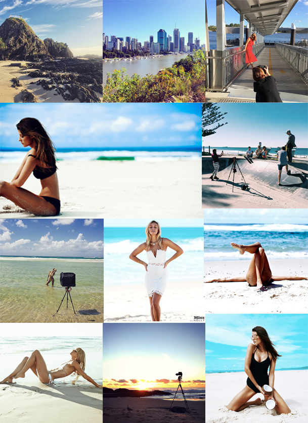 Above left to right: Currumbin Beach, Brisbane City, Elizabeth Grinter shooting in Brisbane, Mark Sullivan-Bradley - (model on beach, shooting for City Beach at skate park, on location, Miss Holly shoot, editorial image legs on beach), Image by Macushla Burke, Mark Sullivan-Bradley BTS and final image. 