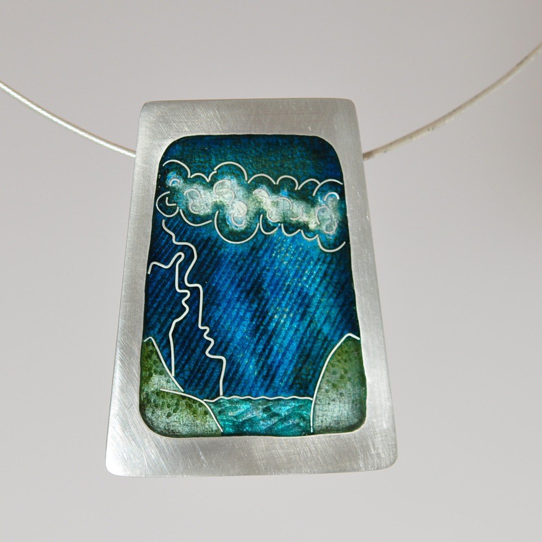 Thunder! Looking out of the window at the thunder over the sea. This pendant uses one of the many things I love about enamel - the ability to evoke a vivid image. This is made on sterling silver - it's etched and engraved (the lines showing the rain 