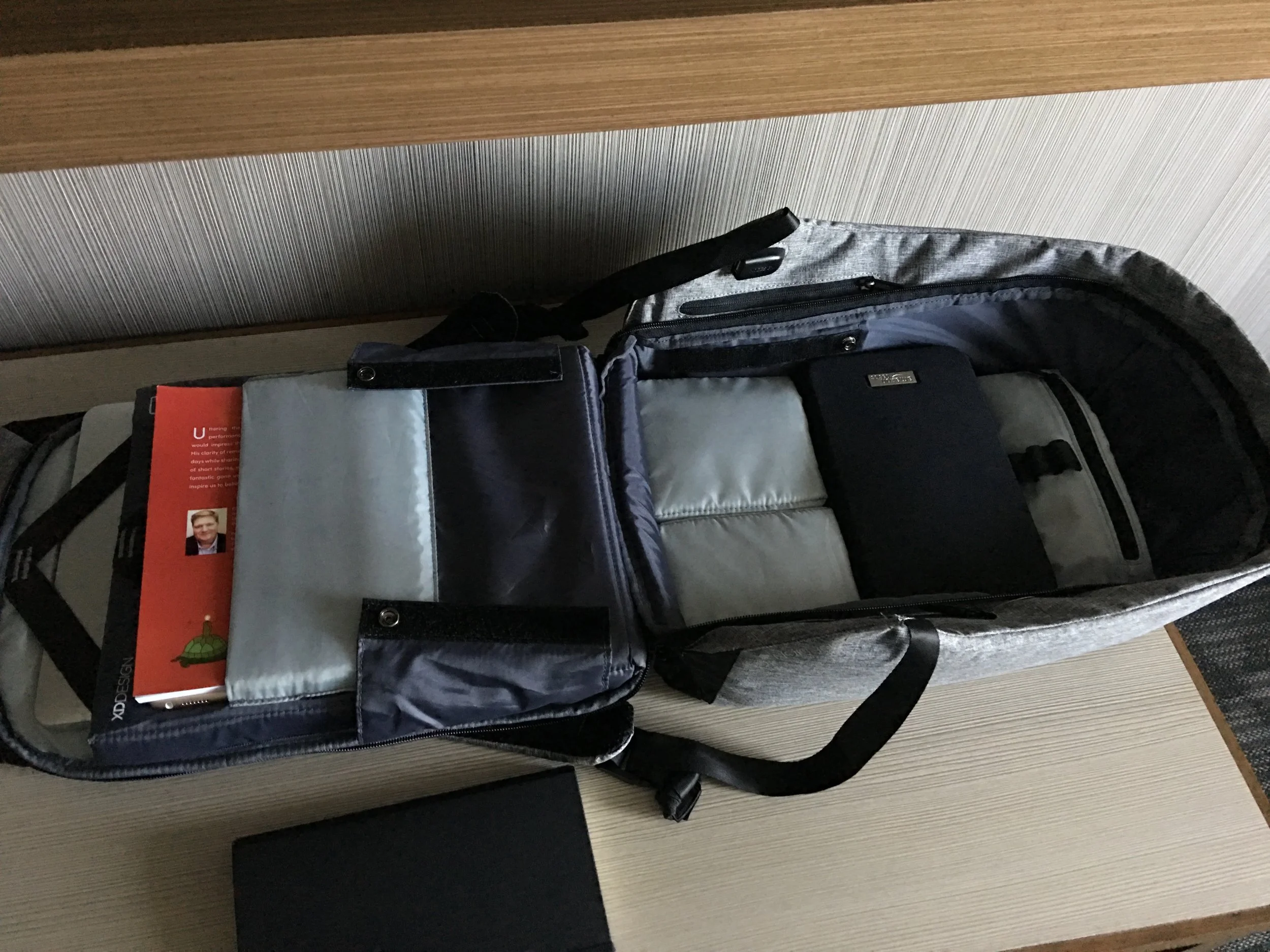 15" MacBook, cord, extra battery, iPad, book "Mr. Memory", Amazon.com utility box, and much, much more... in a lightweight and easy to carry backpack.