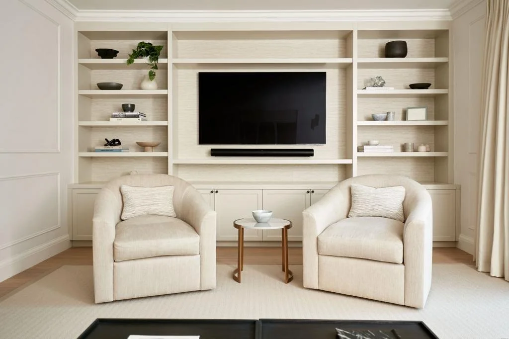 Living room with a wall-mounted TV and built-in white bookshelf, two cream armchairs with pillows, and a small round side table with a bowl, cream curtains, and neutral decor.