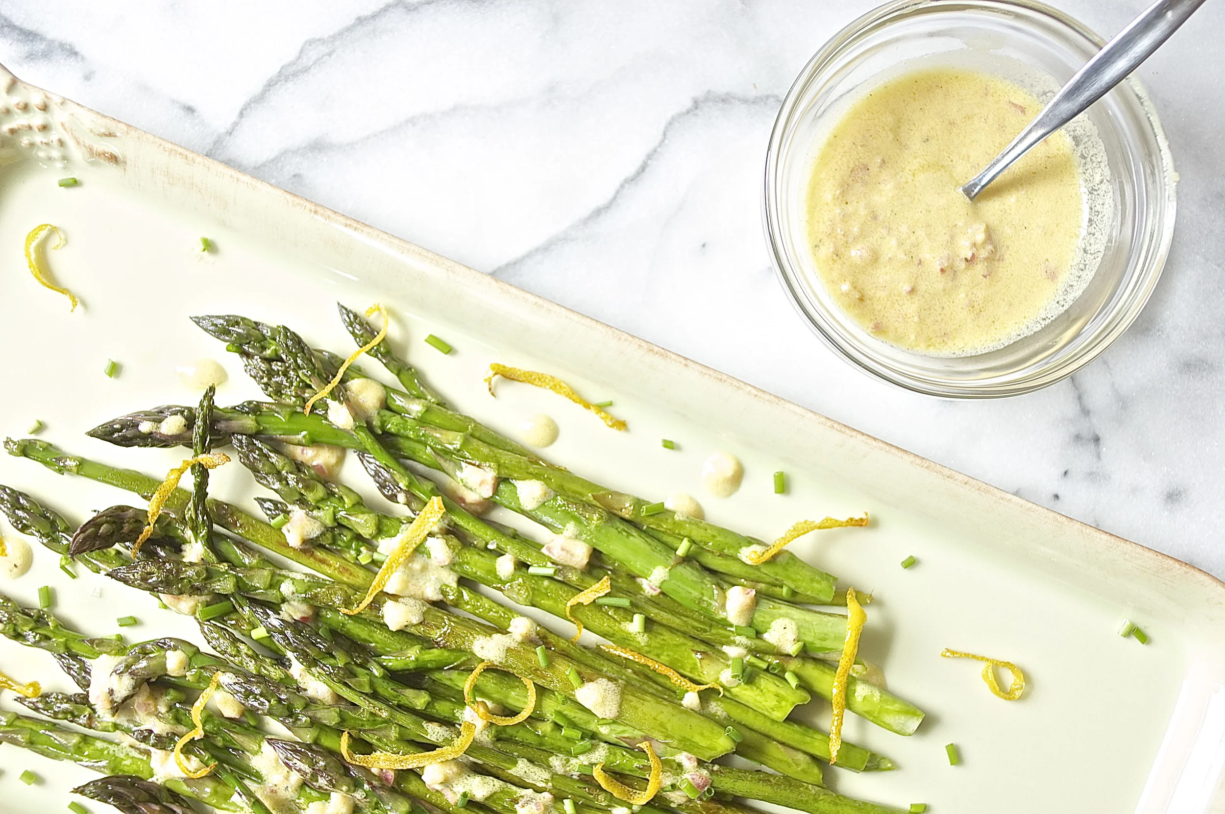 asparagus with shallot vinaigrette + crisp lemon zest