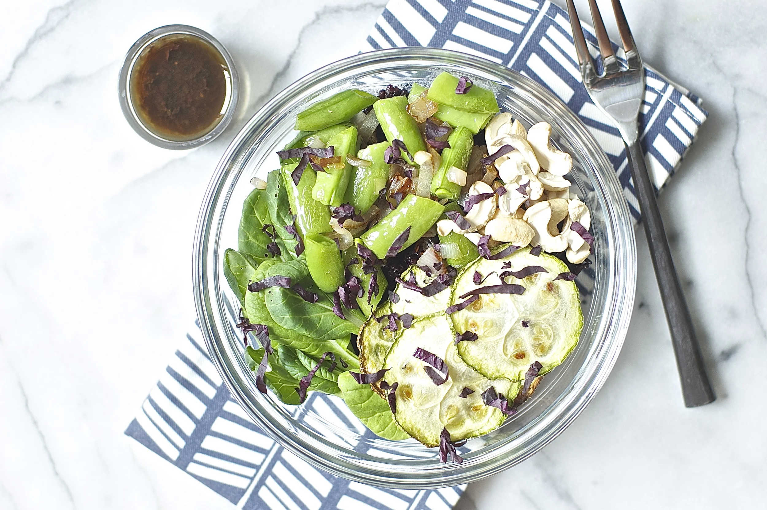 snap pea, tatsoi + zucchini rice bowl with sesame dressing