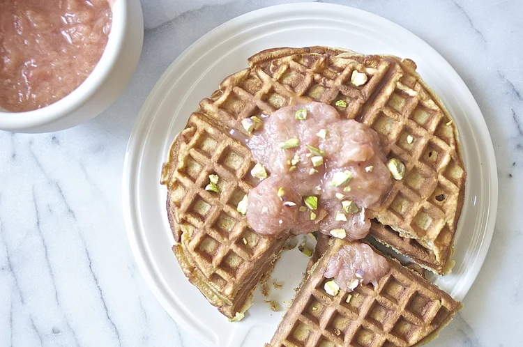 oat waffles + roasted rhubarb compote