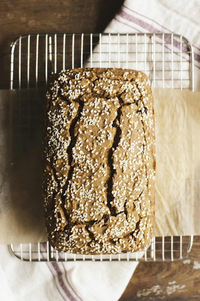 heirloom pumpkin bread w/ sesame seeds, orange zest + chocolate chips
