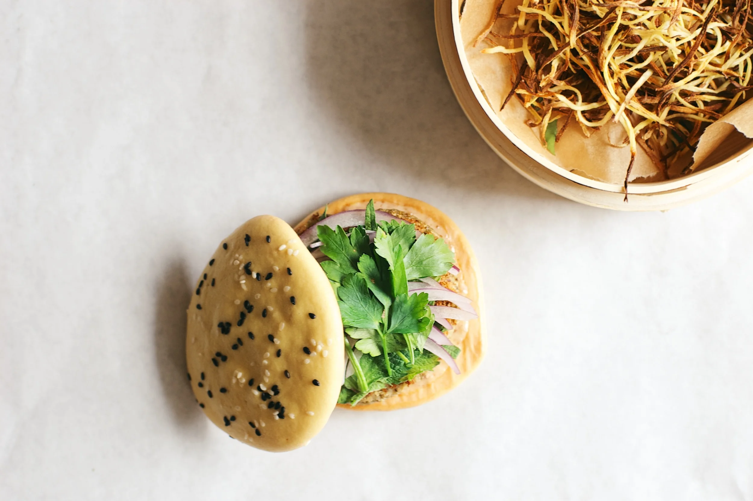 mung bean-leek burgers w/ shiso + chili mayo