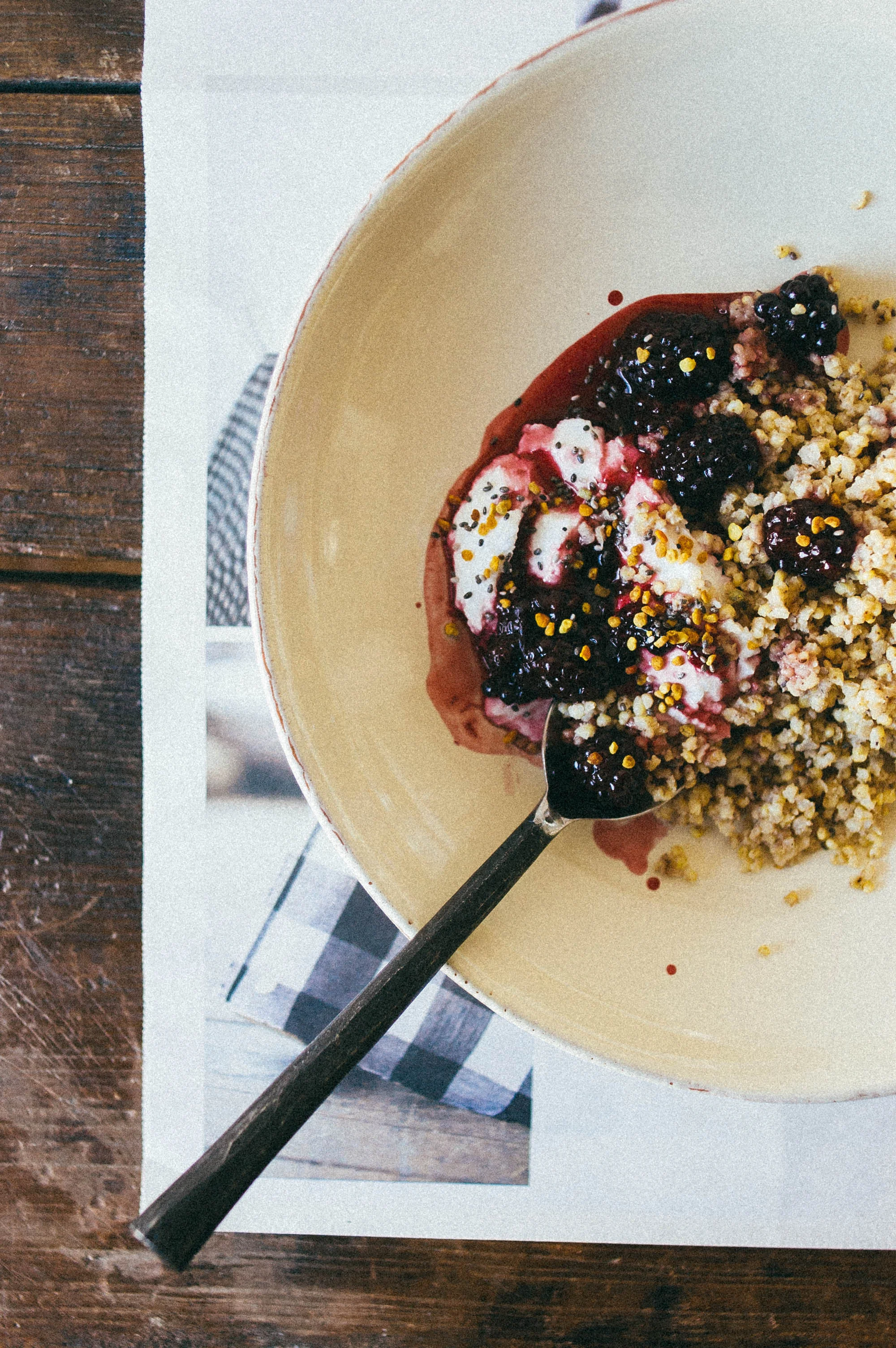 cardamomtoasted millet breakfast bowl w/ summer blackberry compote