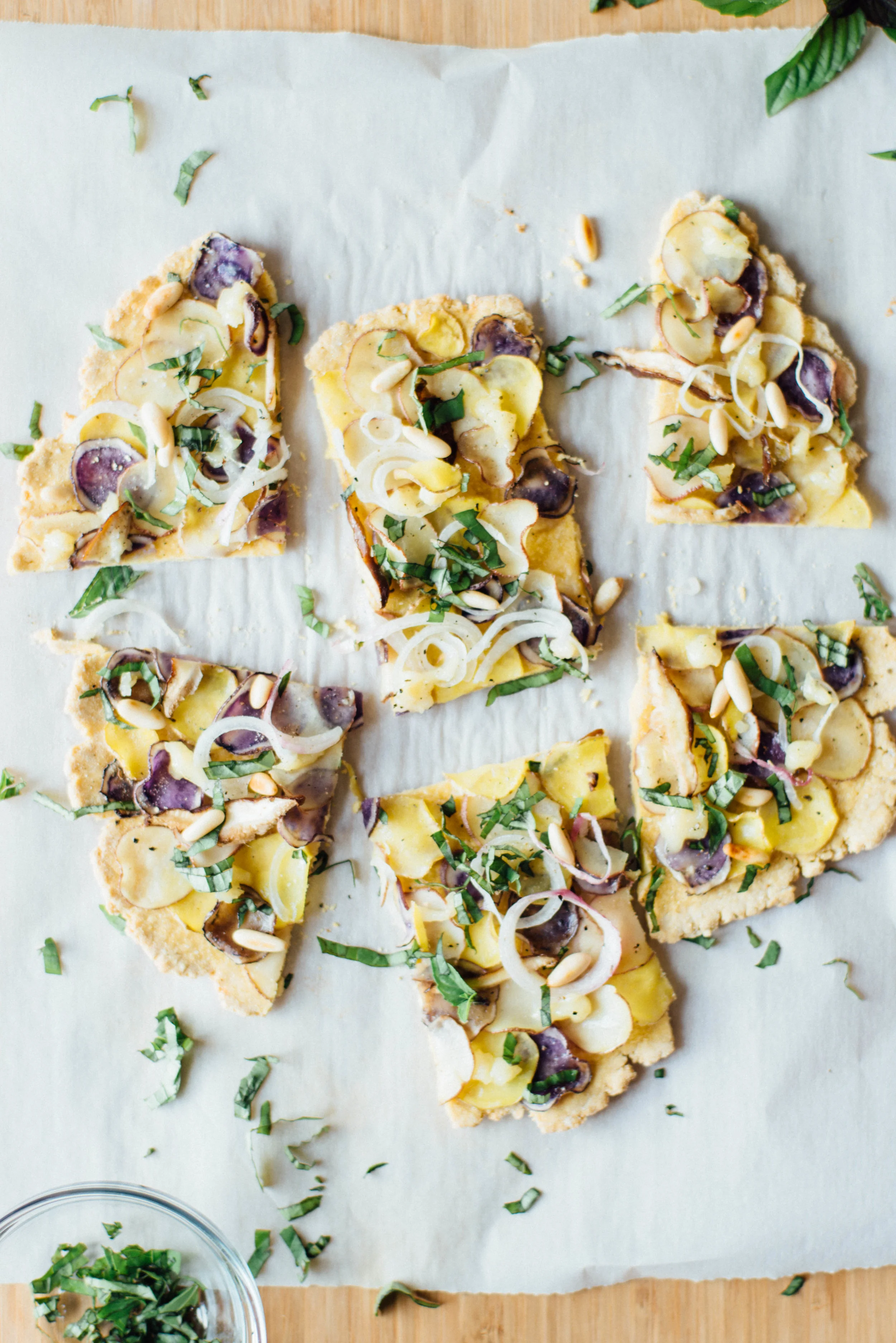 chickpea flour flatbread w/ new potatoes + basil | dolly and oatmeal