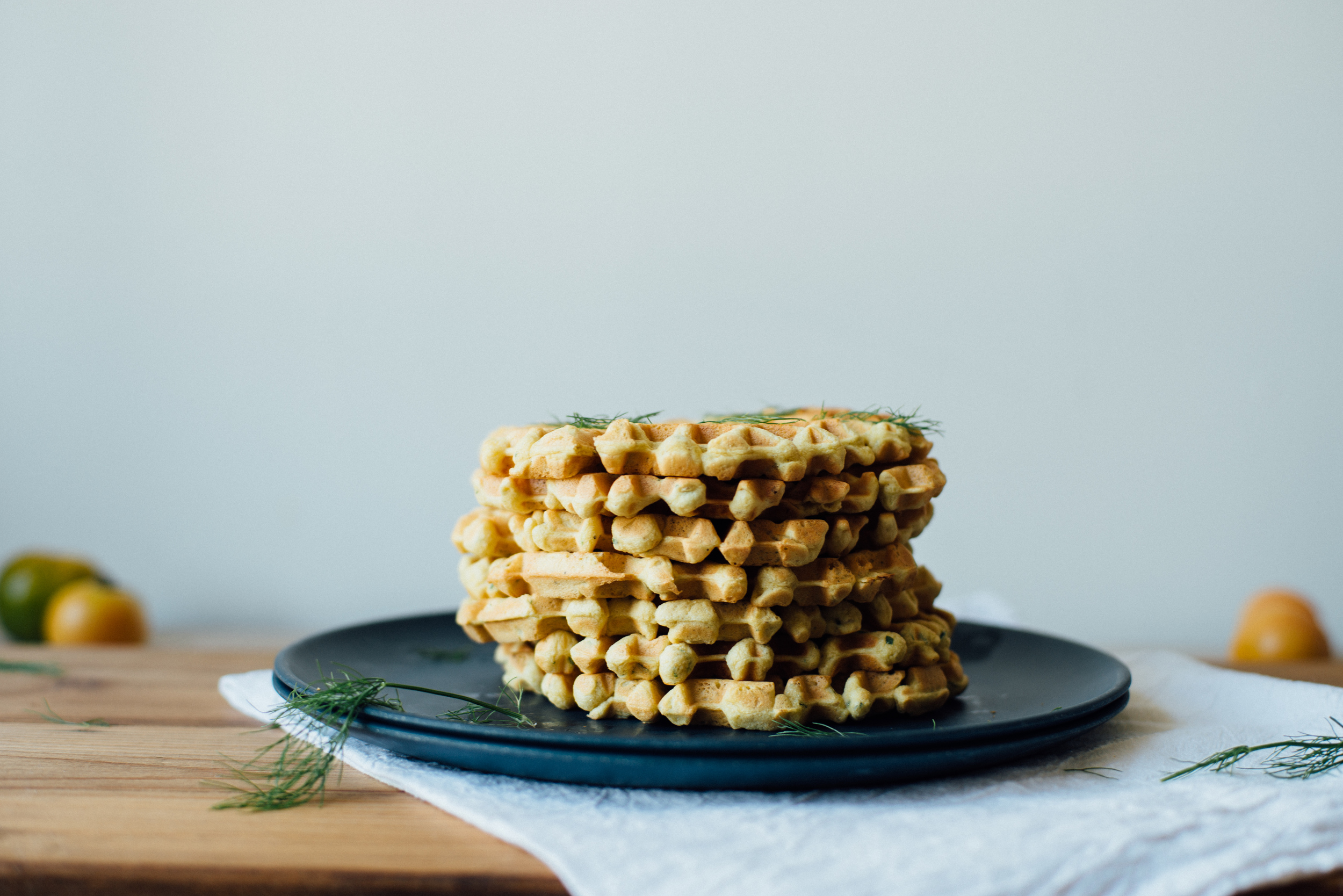 zucchini-basil chickpea waffles W/ tomato + shaved fennel salad | dolly and oatmeal