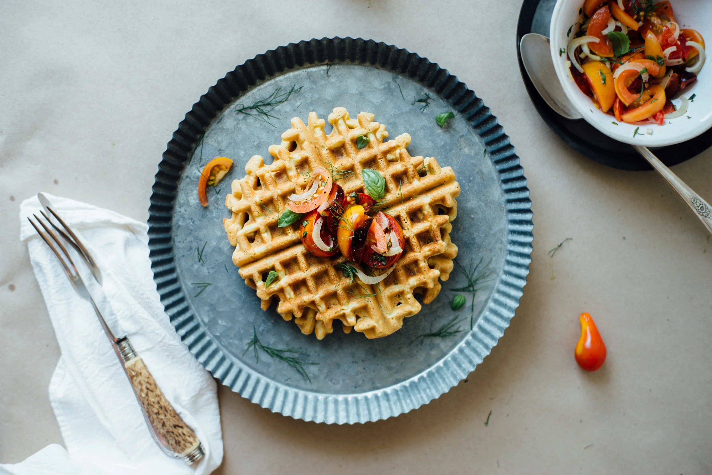 zucchini-basil chickpea waffles W/ tomato + shaved fennel salad | dolly and oatmeal