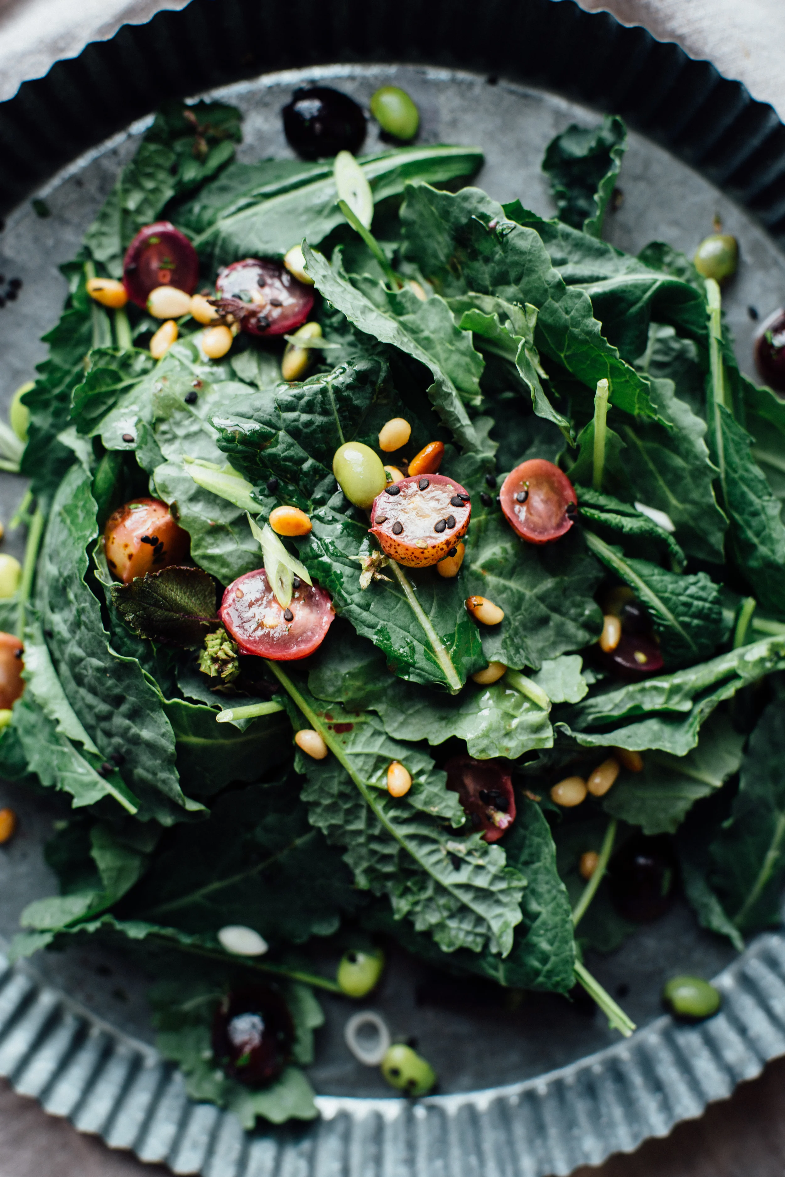 warm sautéed grapes, autumn kale + edamame salad w/ shiso vinaigrette