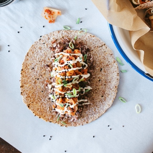 brussels sprout kimchi tacos w/ miso crema