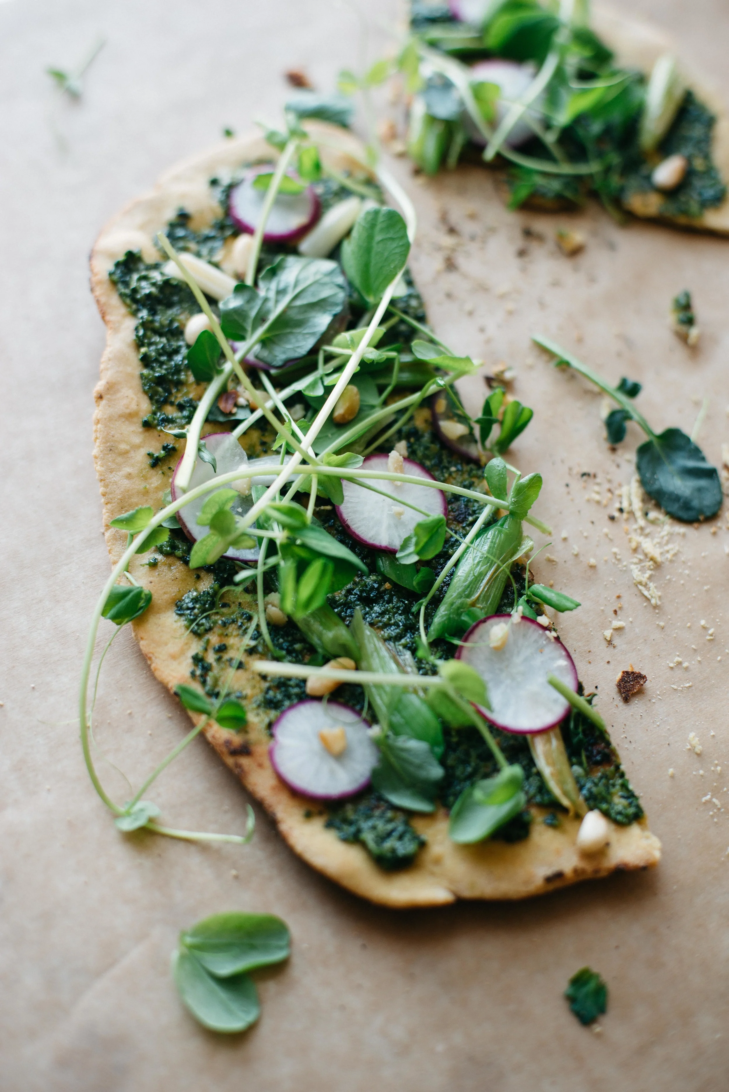 spring onion + pea tendril flatbread | dolly and oatmeal