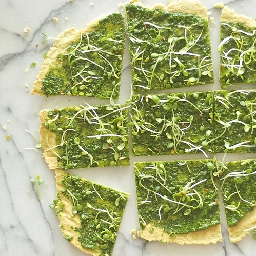 flatbread w/ herb-spinach pesto + sprouts