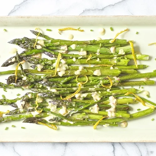 asparagus w/ shallot vinaigrette + crisp lemon zest