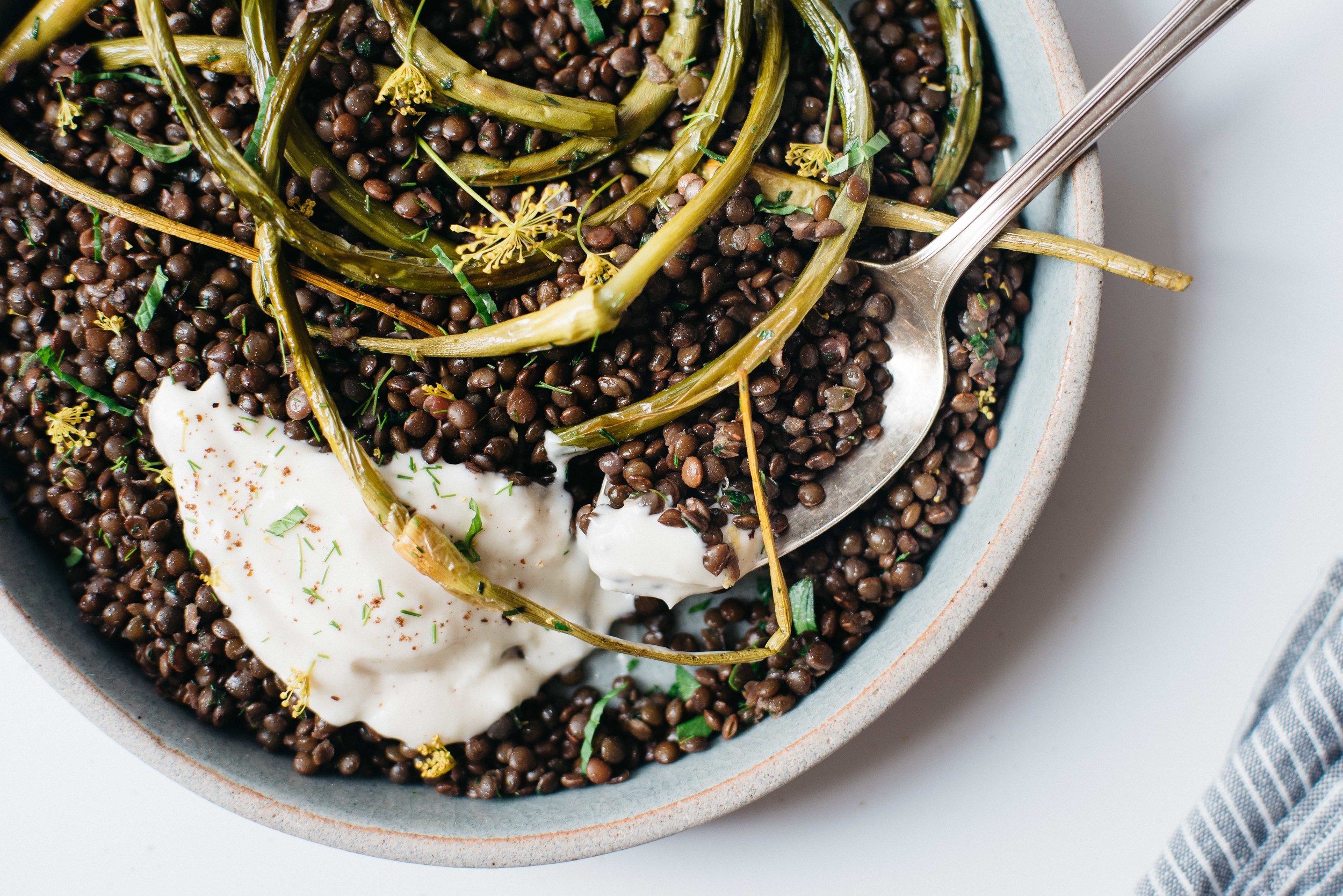 herbed black beluga lentils w/ garlic scapes + yogurt sauce | dolly and oatmeal