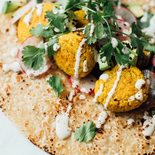 mung bean + cilantro falafel tacos