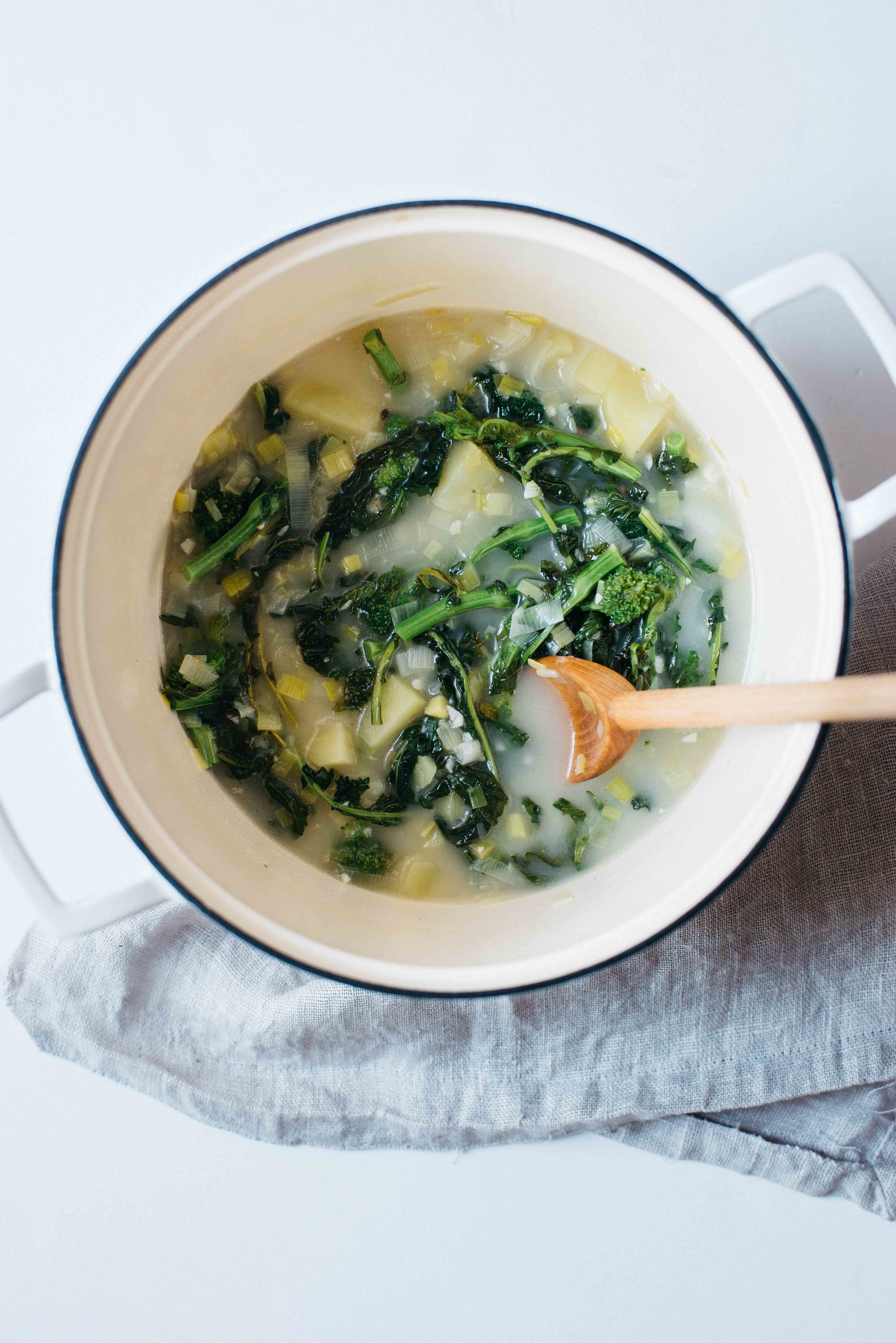 creamy broccoli rabe soup w/ crispy quinoa + yogurt