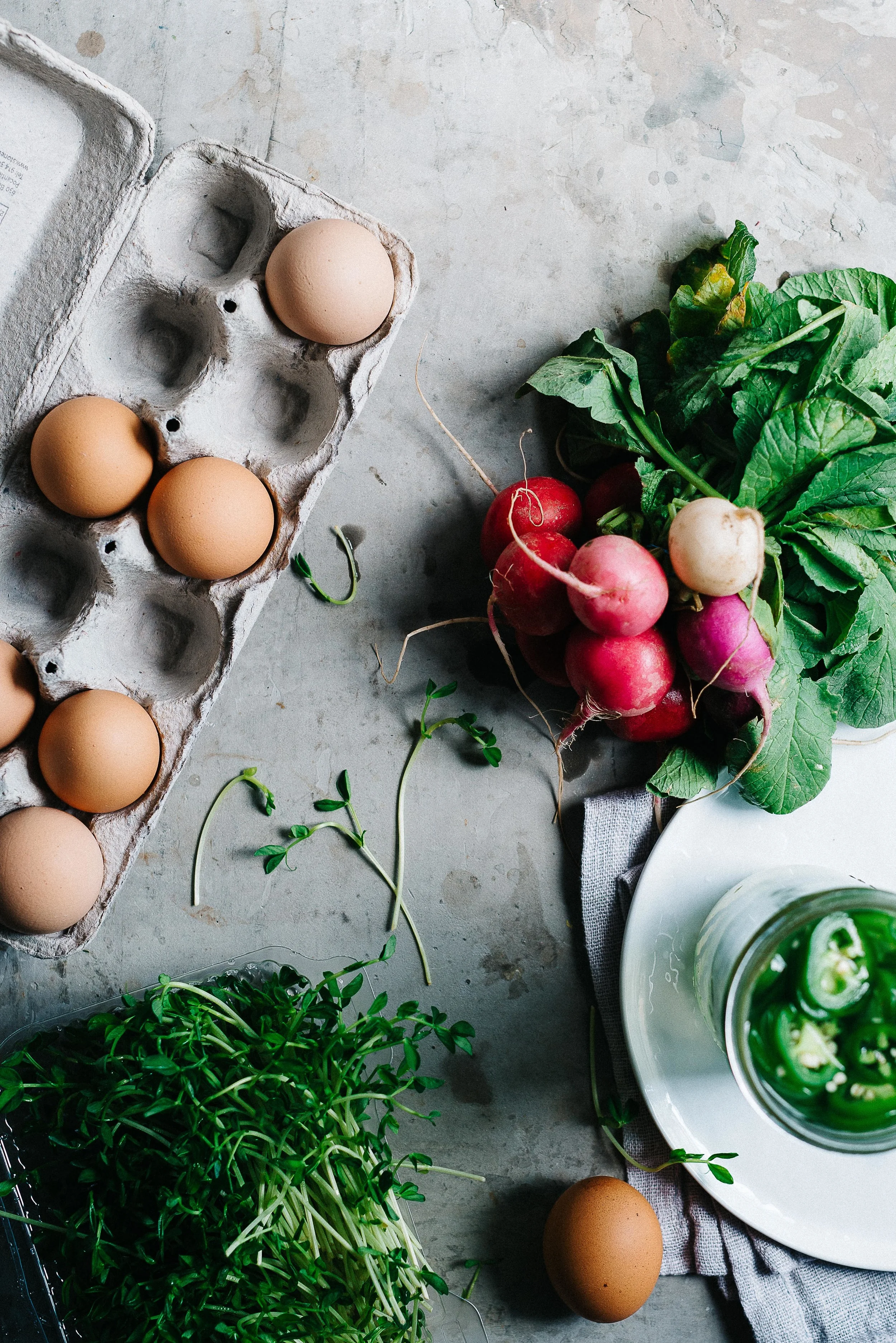 pea shoot, radish + fermented jalapeño tostadas  | dolly and oatmeal