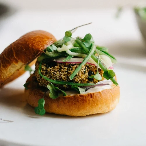 sprouted quinoa &amp; ramp slider w/ garlicky cucumber slaw