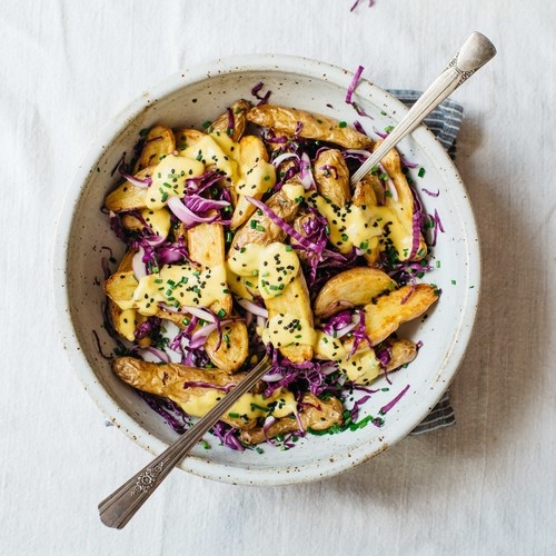 warm fingerling potato salad w/ garlic-turmeric sauce