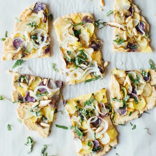 chickpea flour flatbread w/ new potatoes &amp; basil
