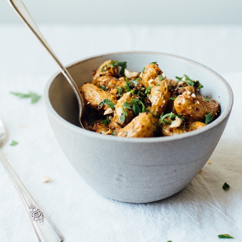 roasted fingerling potato salad w/ romesco &amp; herby black quinoa