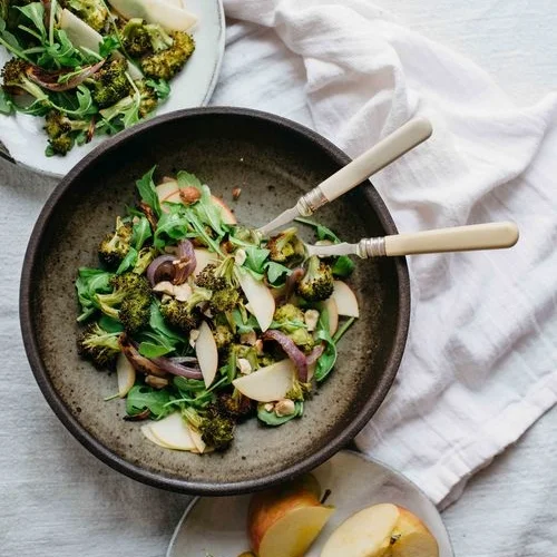 charred broccoli &amp; red onion salad w/ shaved apples&nbsp;