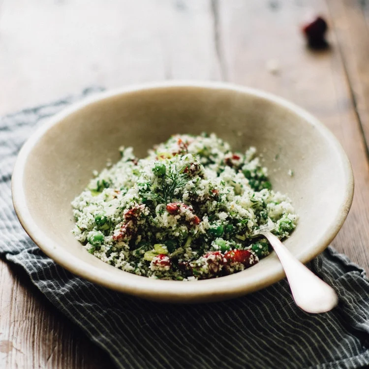 raw cauliflower couscous w/ cherries&nbsp;
