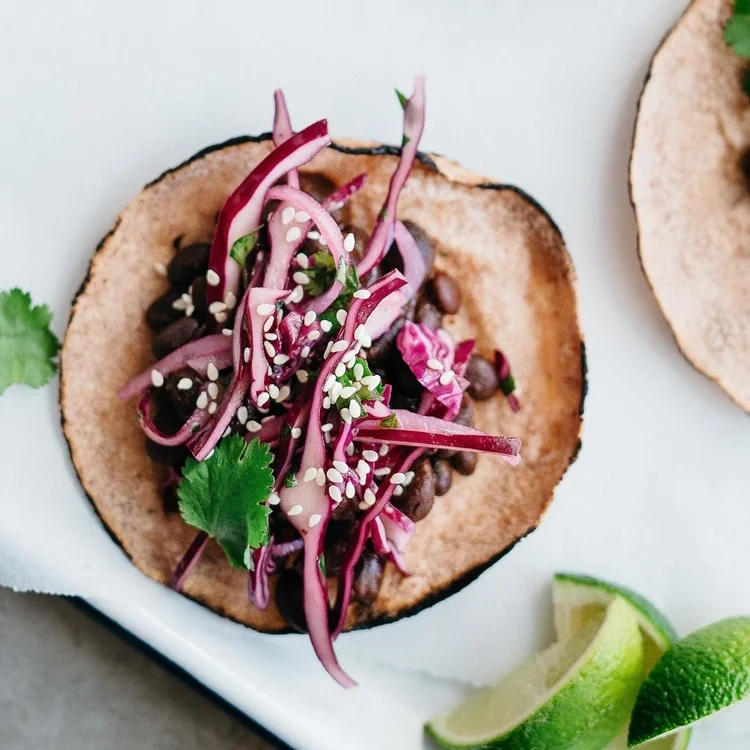 mole black bean tacos w/ cabbage &amp; cilantro slaw