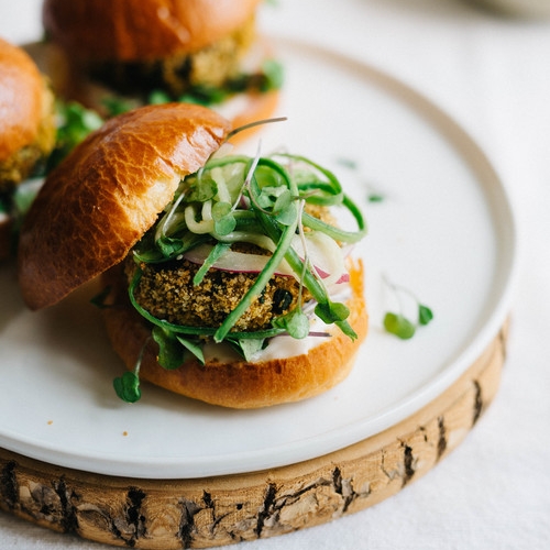 sprouted quinoa burgers w/ cucumber slaw