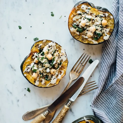 stuffed za'atar roasted squash w/ pepper-lemon tahini sauce
