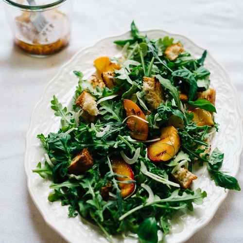 grilled panzanella salad w/ peaches &amp; fennel