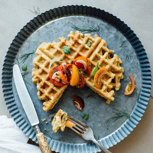 zucchini-basil chickpea waffles w/ tomato &amp; shaved fennel salad