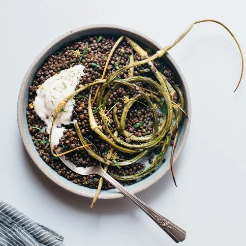 herbed black beluga lentils w/ garlic scapes &amp; yogurt sauce