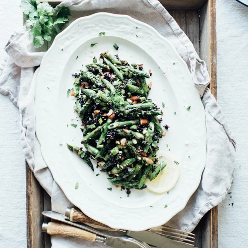 cilantro black rice w/ roasted asparagus &amp; garlic scapes