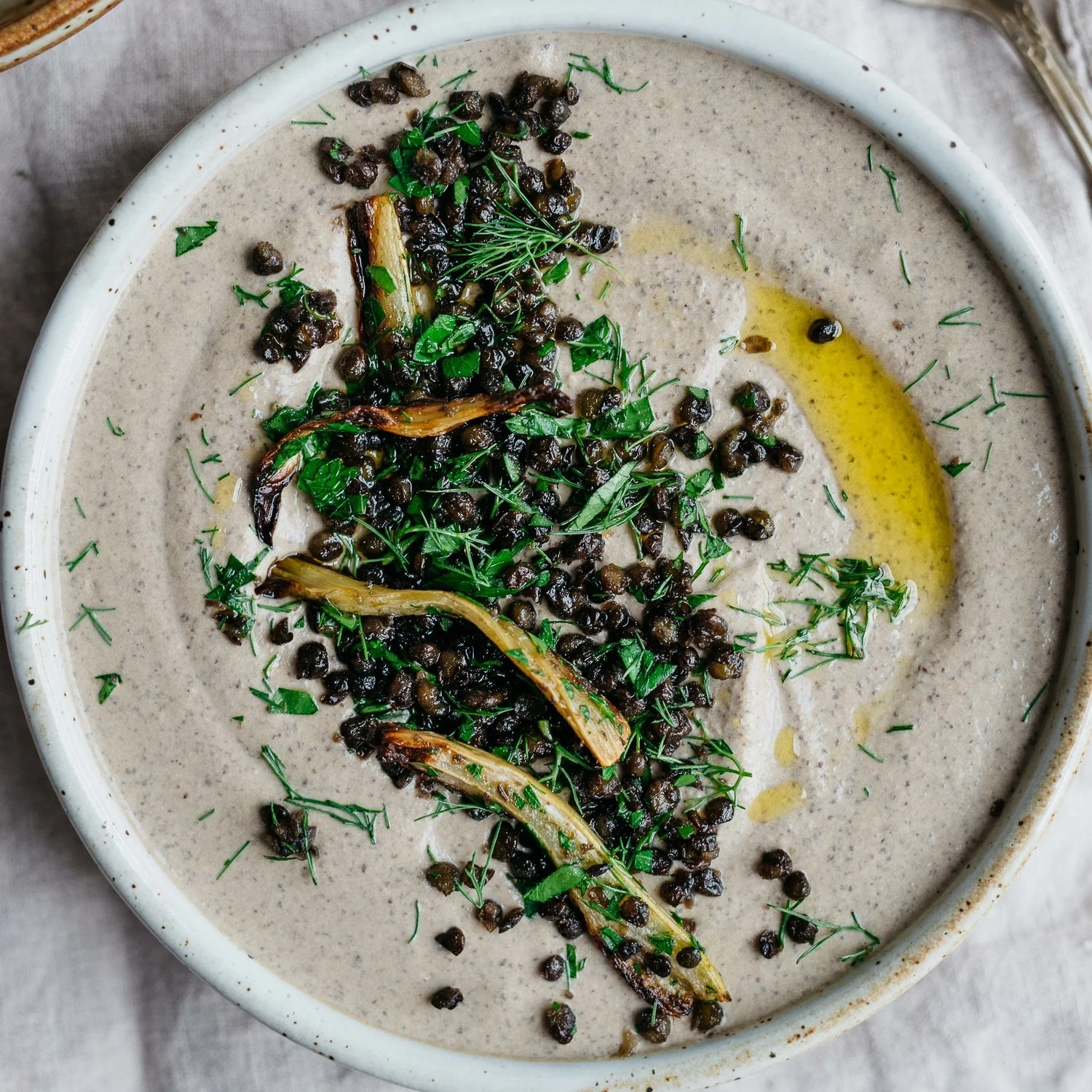 black beluga lentil hummus w/ roasted fennel &amp; garlic
