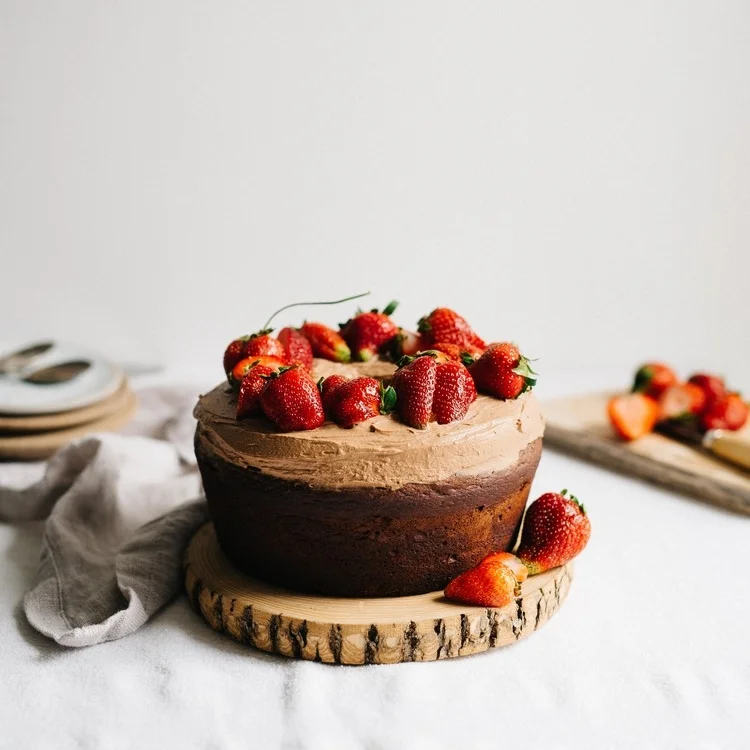 strawberry-rhubarb chocolate cake w/ chocolate whip