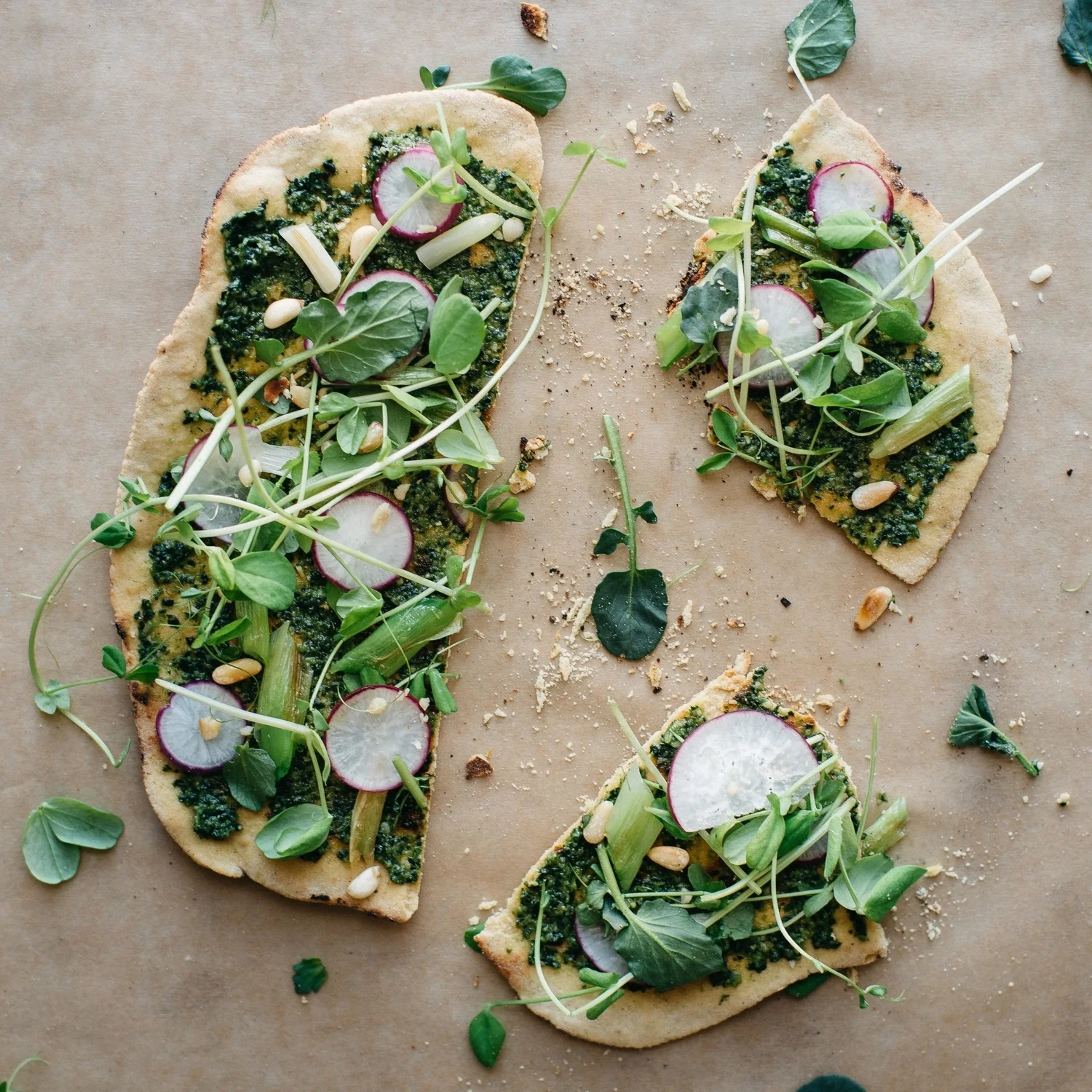 spring onion &amp; pea tendril flatbread