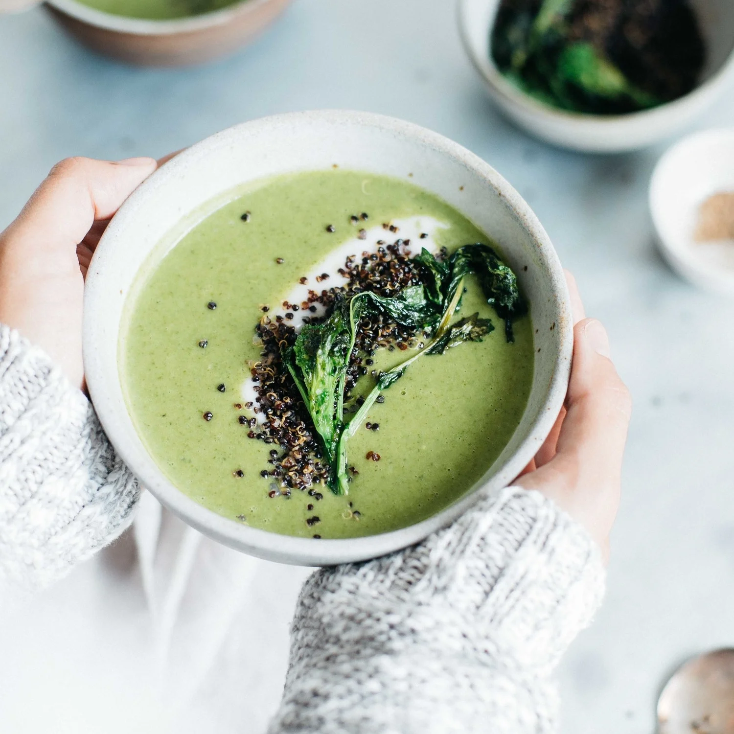 creamy broccoli rabe soup w/ crisp quinoa &amp; yogurt