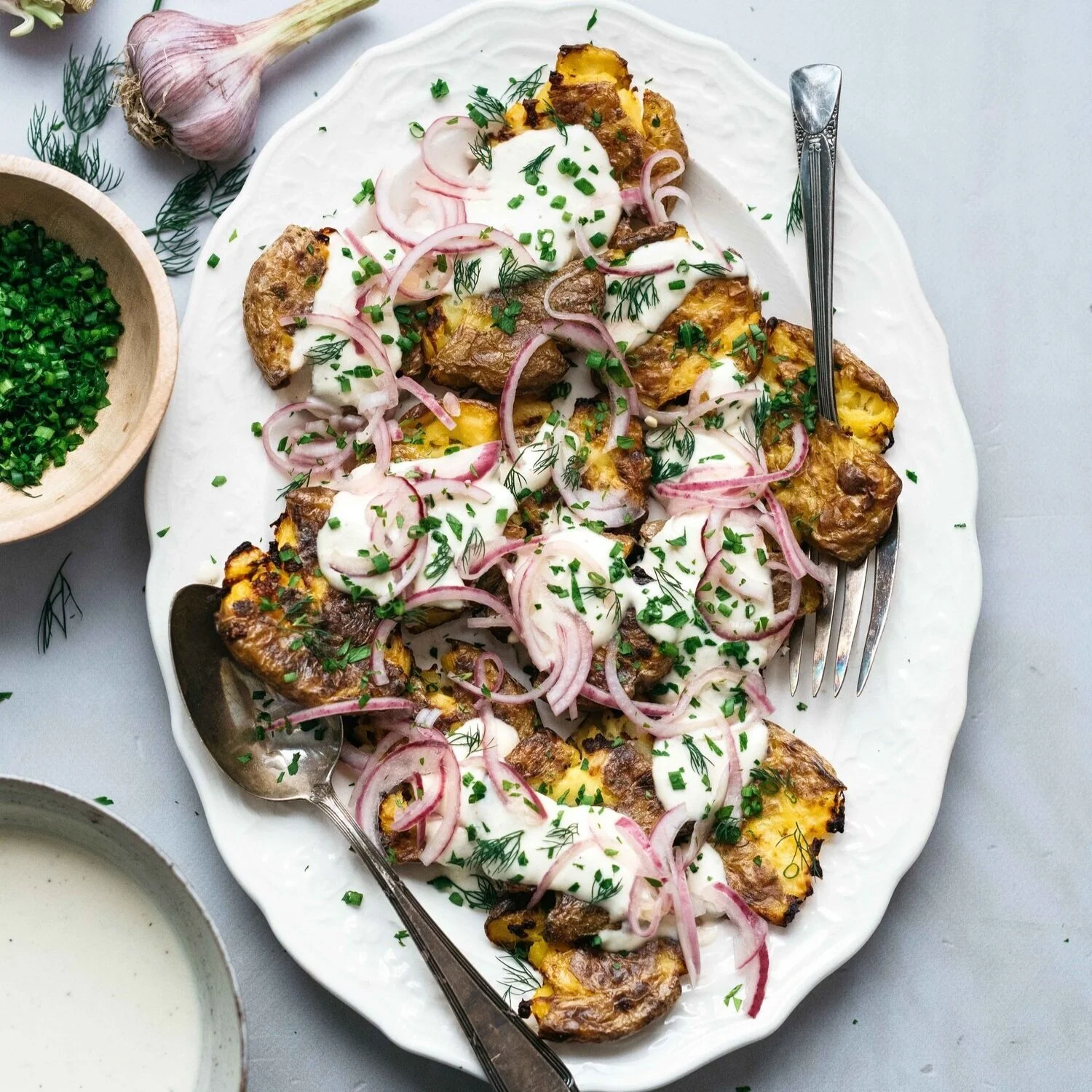 crispy smashed potato salad w/ garlicky yogurt vinaigrette