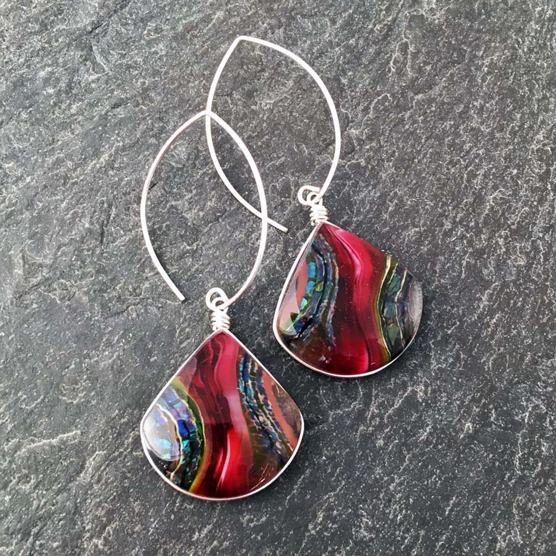 4. Cranberry Stone Design Earrings, kiln formed art glass, 1" x 2.5" x .25", Earrings, Argentium sterling silver wire setting and ear wires, $67.00.