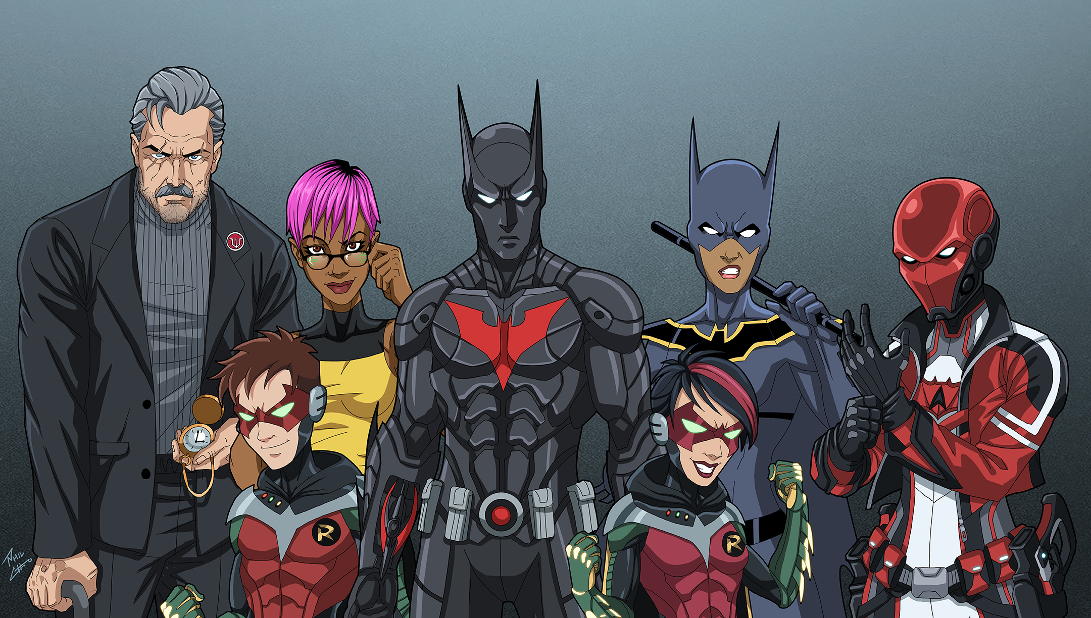 Left to right: Bruce Wayne, Matt McGinnis (Robin Beta), Max Gibson, Terry McGinnis (Batman), Helena Wayne (Robin Alpha), Nissa (Batgirl), Lian Harper