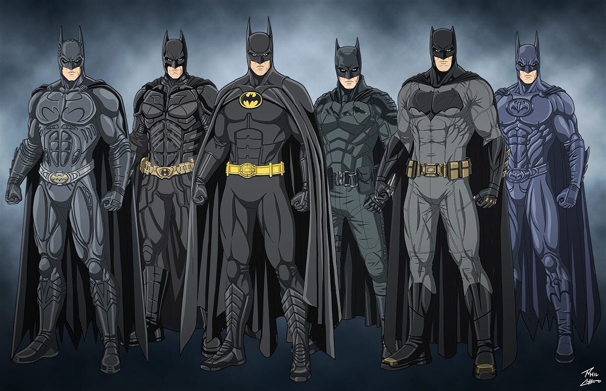 Movie Batmen: Val Kilmer (Batman Forever), Christian Bale (The Dark Knight Trilogy), Michael Keaton (Batman / Batman Returns), Robert Pattinson (The Batman), Ben Affleck (Zack Snyder's DC Universe), and George Clooney (Batman &amp; Robin).
Characters