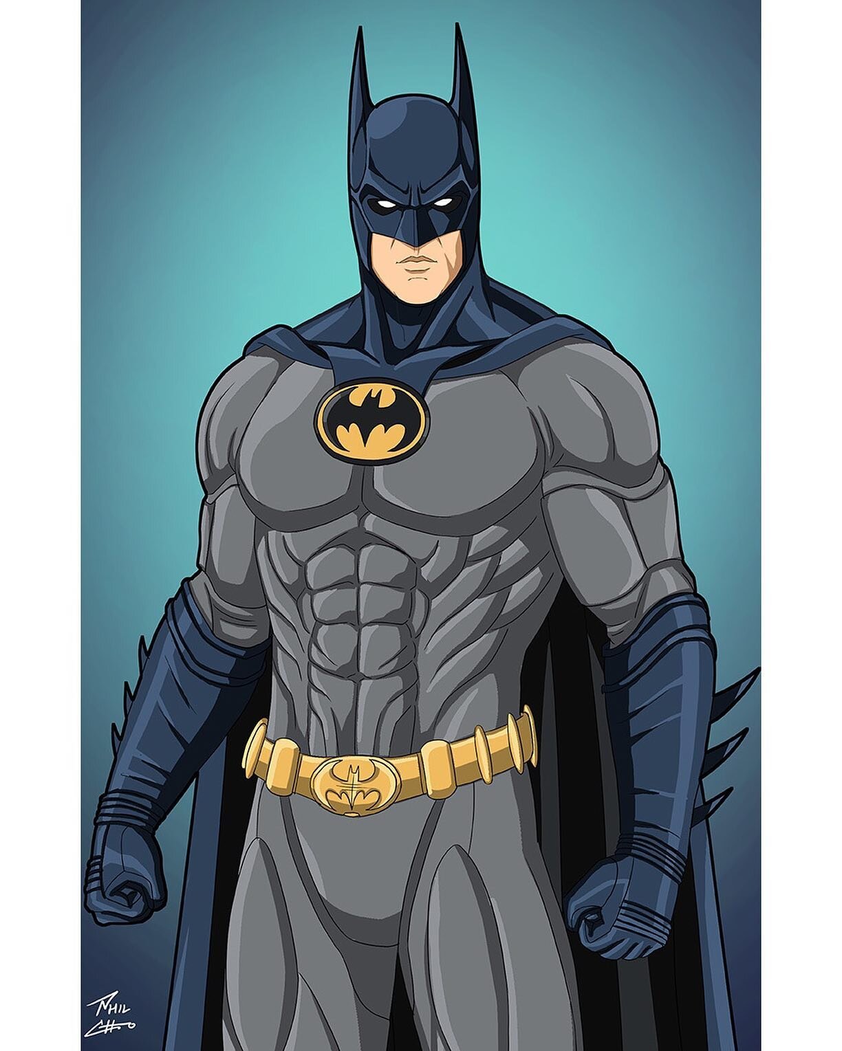Batman (Val Kilmer), in the Panther Batsuit from Joel Schumacher's &quot;Batman Forever,&quot; in an alternate color scheme (gray and blue).
Character belongs to DC Comics.
Art by Phil Cho.

#batman #valkilmer #grayandblue #dccomics