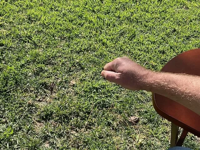  CLOSE-UP, of the HOMEOWNER switching the mower OFF. 